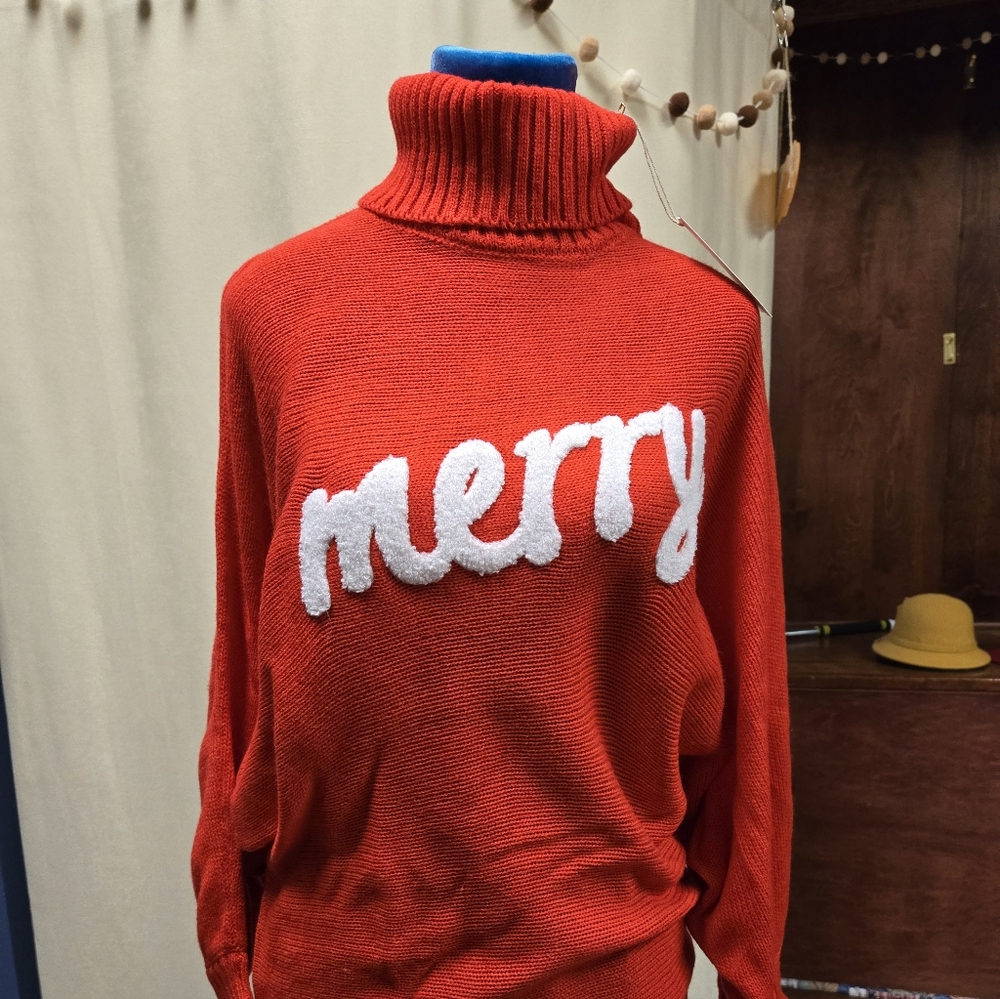 Red Turtleneck Sweater with 'Merry' Design